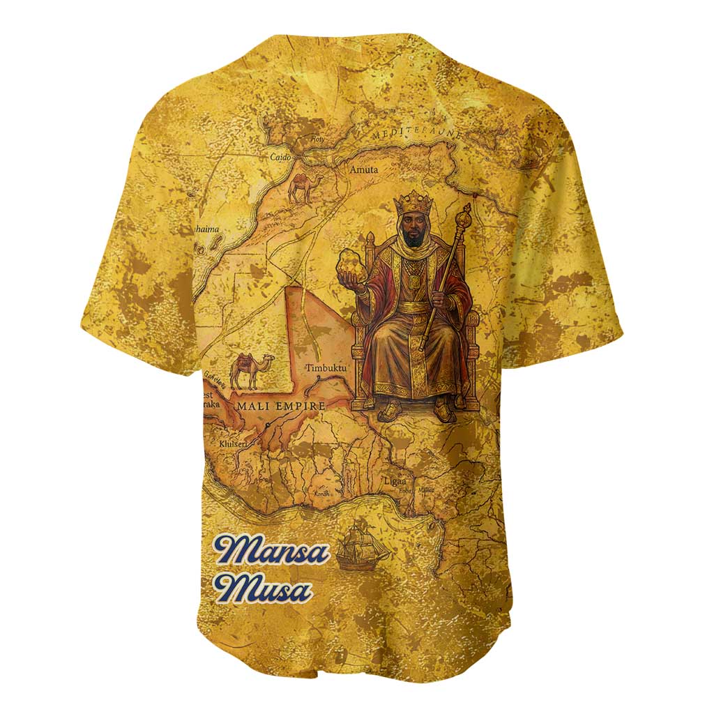 Mansa Musa Baseball Jersey Golden Legacy Theme Ancient Map Regal Portrait of Mali Emperor Timbuktu - Wonder Print Shop