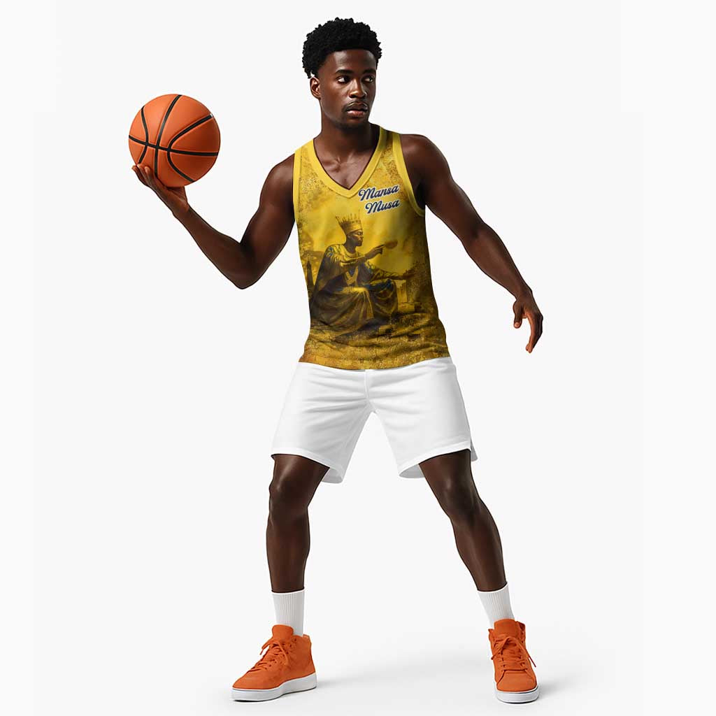 Mansa Musa Basketball Jersey Golden Legacy Theme Ancient Map Regal Portrait of Mali Emperor Timbuktu - Wonder Print Shop