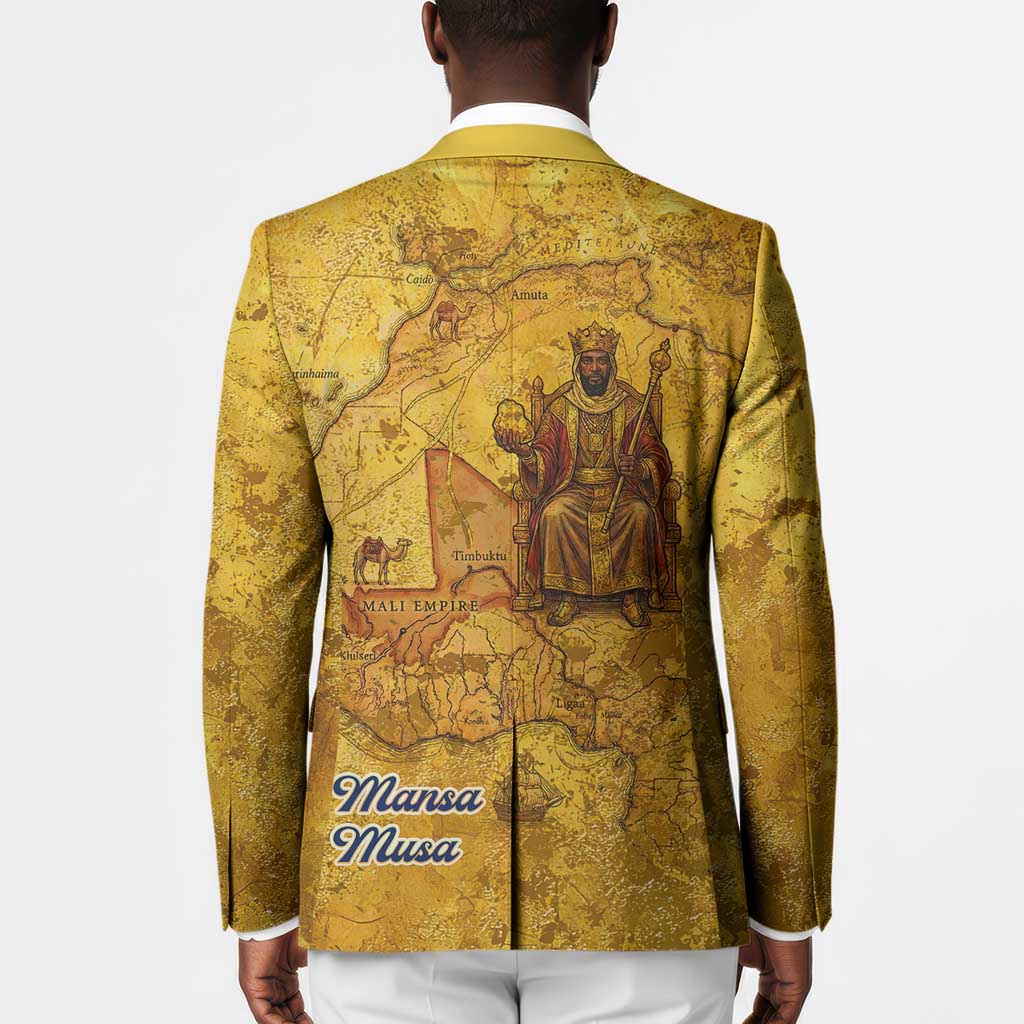Mansa Musa Blazer Golden Legacy Theme Ancient Map Regal Portrait of Mali Emperor Timbuktu - Wonder Print Shop
