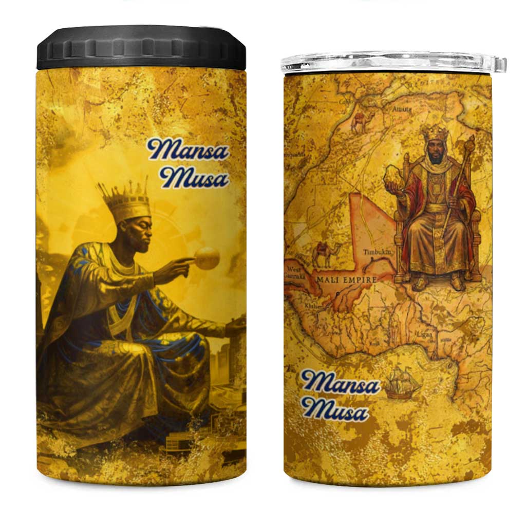 Mansa Musa 4 in 1 Can Cooler Tumbler Golden Legacy Theme Ancient Map Regal Portrait of Mali Emperor Timbuktu - Wonder Print Shop