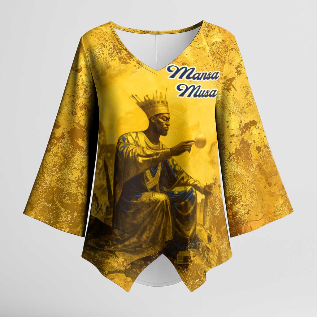 Mansa Musa Kimono Sleeve Blouse Golden Legacy Theme Ancient Map Regal Portrait of Mali Emperor Timbuktu - Wonder Print Shop