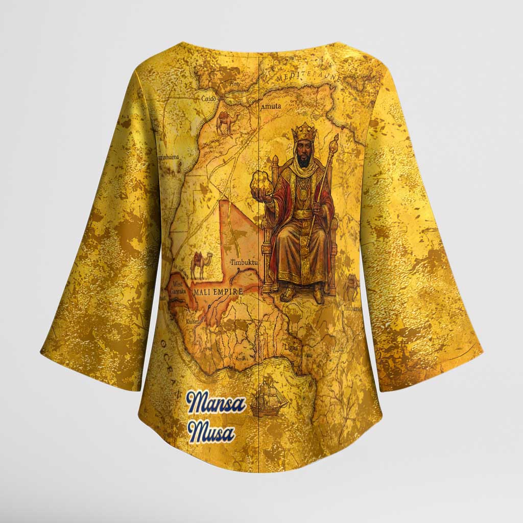Mansa Musa Kimono Sleeve Blouse Golden Legacy Theme Ancient Map Regal Portrait of Mali Emperor Timbuktu - Wonder Print Shop