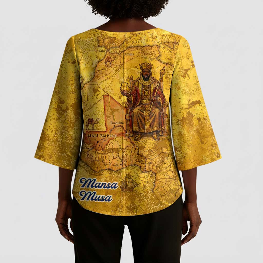 Mansa Musa Kimono Sleeve Blouse Golden Legacy Theme Ancient Map Regal Portrait of Mali Emperor Timbuktu - Wonder Print Shop