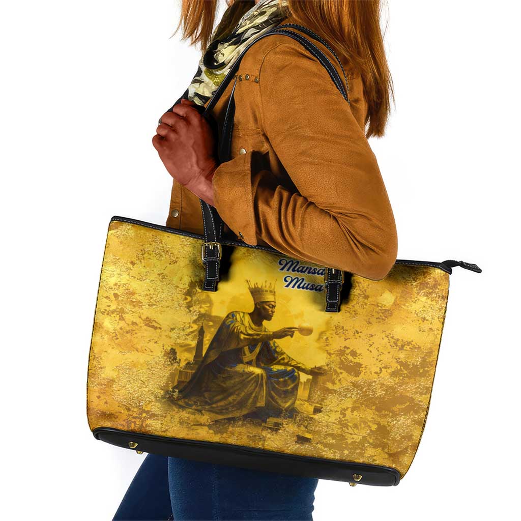 Mansa Musa Leather Tote Bag Golden Legacy Theme Ancient Map Regal Portrait of Mali Emperor Timbuktu - Wonder Print Shop
