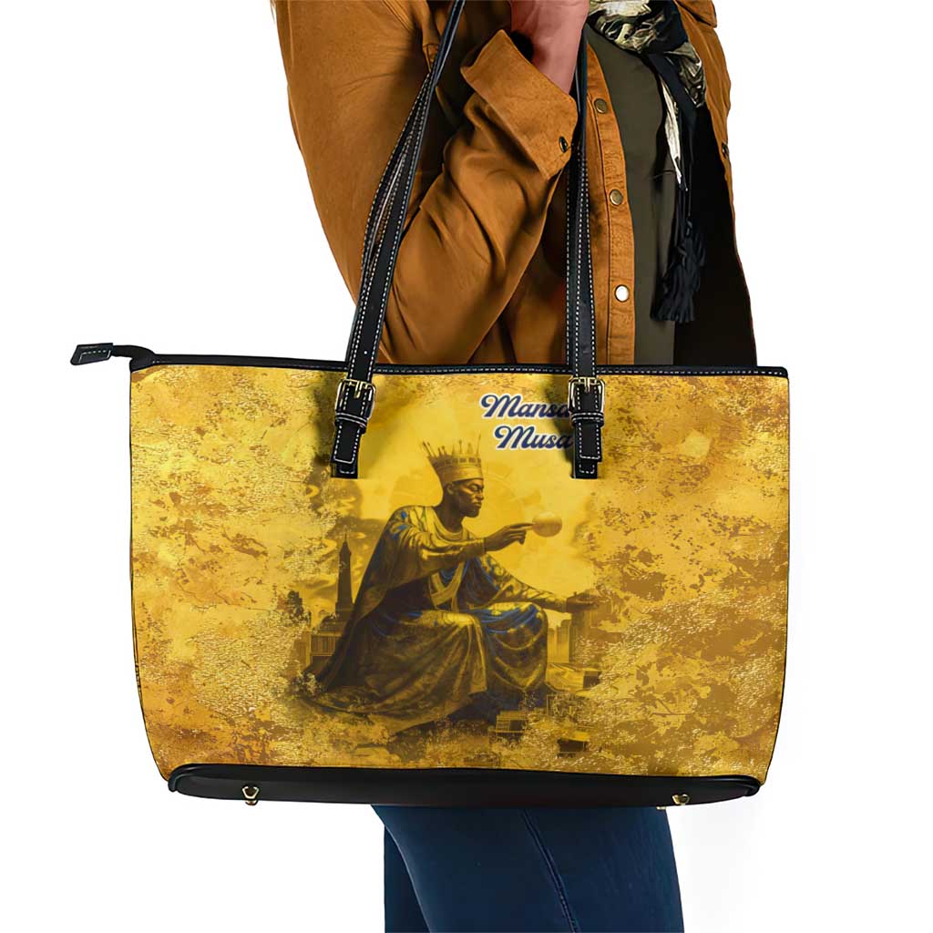 Mansa Musa Leather Tote Bag Golden Legacy Theme Ancient Map Regal Portrait of Mali Emperor Timbuktu - Wonder Print Shop