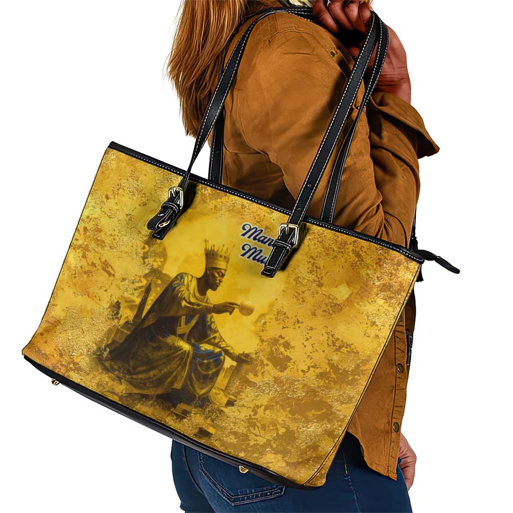 Mansa Musa Leather Tote Bag Golden Legacy Theme Ancient Map Regal Portrait of Mali Emperor Timbuktu - Wonder Print Shop