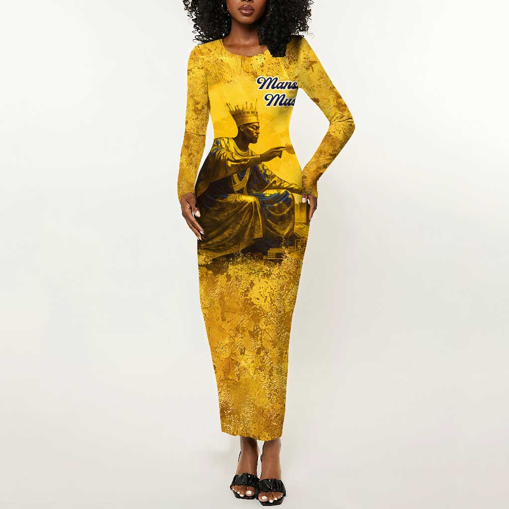 Mansa Musa Long Sleeve Bodycon Dress Golden Legacy Theme Ancient Map Regal Portrait of Mali Emperor Timbuktu - Wonder Print Shop