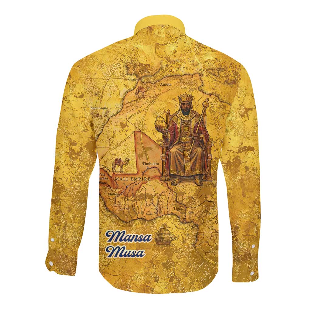 Mansa Musa Long Sleeve Button Shirt Golden Legacy Theme Ancient Map Regal Portrait of Mali Emperor Timbuktu - Wonder Print Shop