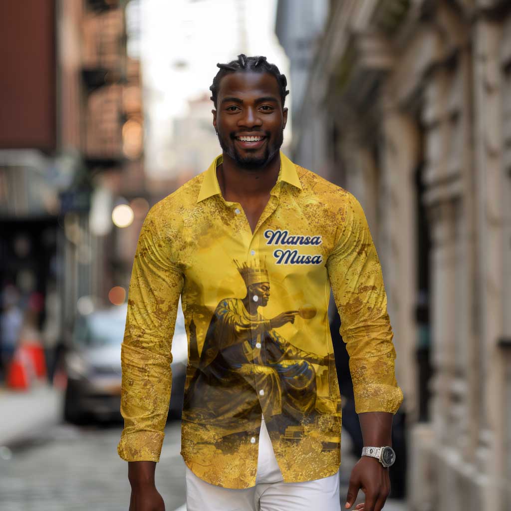Mansa Musa Long Sleeve Button Shirt Golden Legacy Theme Ancient Map Regal Portrait of Mali Emperor Timbuktu - Wonder Print Shop