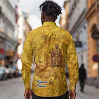 Mansa Musa Long Sleeve Button Shirt Golden Legacy Theme Ancient Map Regal Portrait of Mali Emperor Timbuktu - Wonder Print Shop