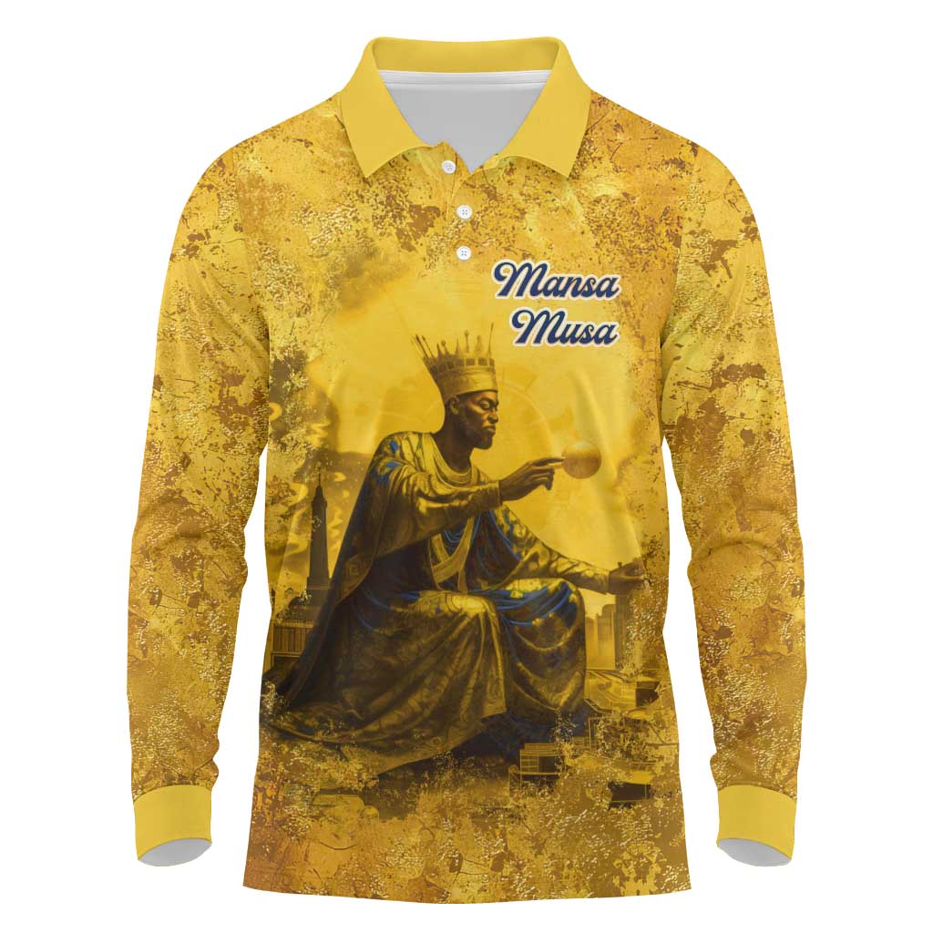 Mansa Musa Long Sleeve Polo Shirt Golden Legacy Theme Ancient Map Regal Portrait of Mali Emperor Timbuktu - Wonder Print Shop