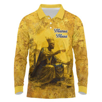 Mansa Musa Long Sleeve Polo Shirt Golden Legacy Theme Ancient Map Regal Portrait of Mali Emperor Timbuktu - Wonder Print Shop