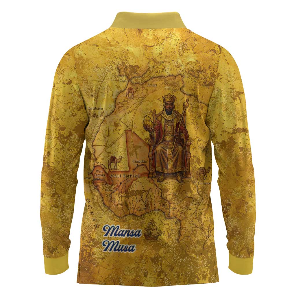 Mansa Musa Long Sleeve Polo Shirt Golden Legacy Theme Ancient Map Regal Portrait of Mali Emperor Timbuktu - Wonder Print Shop