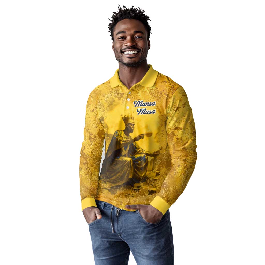 Mansa Musa Long Sleeve Polo Shirt Golden Legacy Theme Ancient Map Regal Portrait of Mali Emperor Timbuktu - Wonder Print Shop