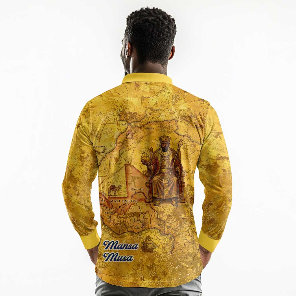 Mansa Musa Long Sleeve Polo Shirt Golden Legacy Theme Ancient Map Regal Portrait of Mali Emperor Timbuktu - Wonder Print Shop