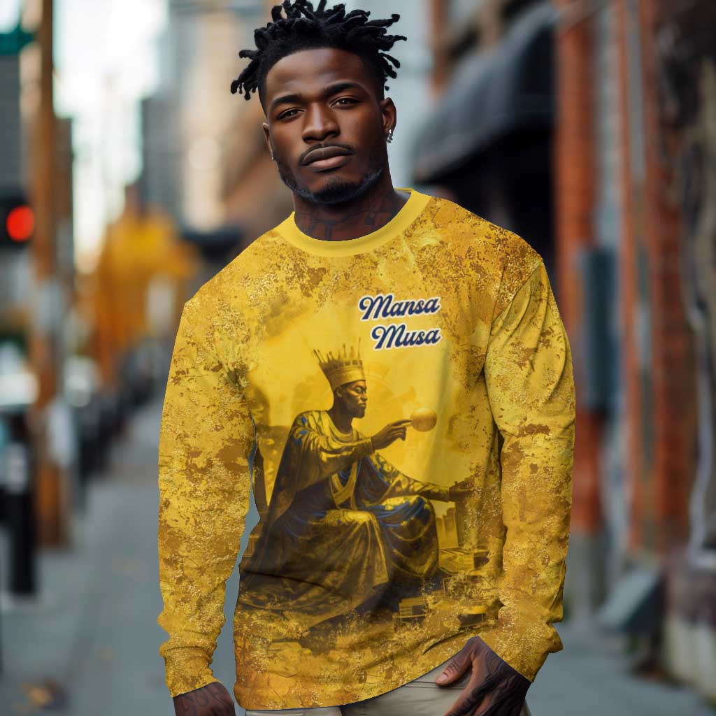 Mansa Musa Long Sleeve Shirt Golden Legacy Theme Ancient Map Regal Portrait of Mali Emperor Timbuktu - Wonder Print Shop