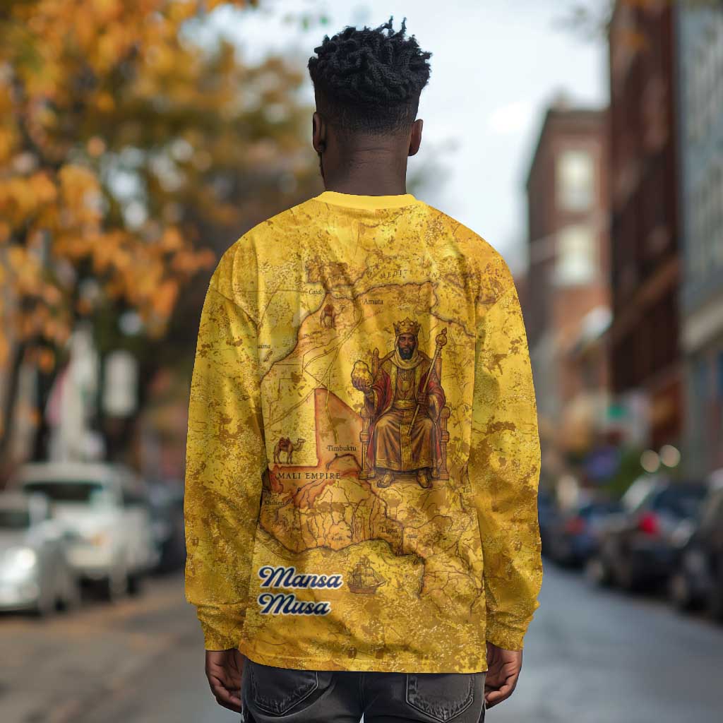 Mansa Musa Long Sleeve Shirt Golden Legacy Theme Ancient Map Regal Portrait of Mali Emperor Timbuktu - Wonder Print Shop