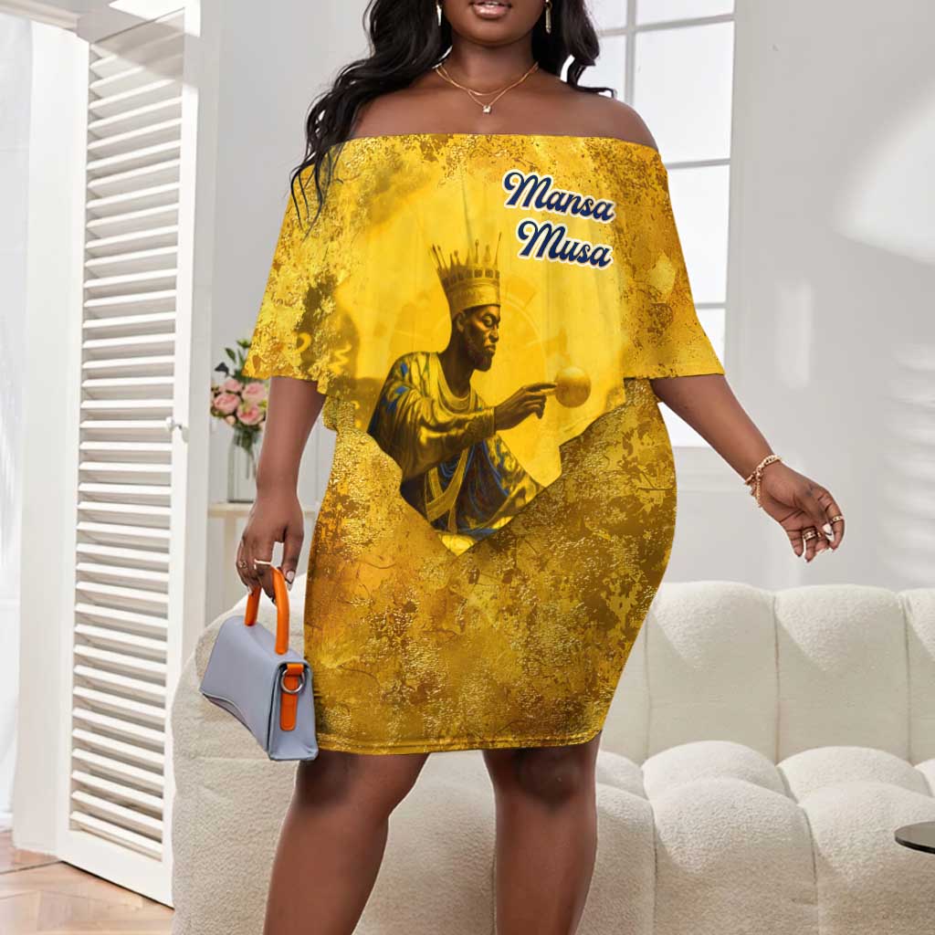 Mansa Musa Off Shoulder Short Dress Golden Legacy Theme Ancient Map Regal Portrait of Mali Emperor Timbuktu - Wonder Print Shop