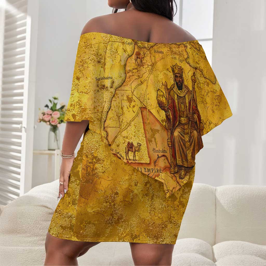 Mansa Musa Off Shoulder Short Dress Golden Legacy Theme Ancient Map Regal Portrait of Mali Emperor Timbuktu - Wonder Print Shop