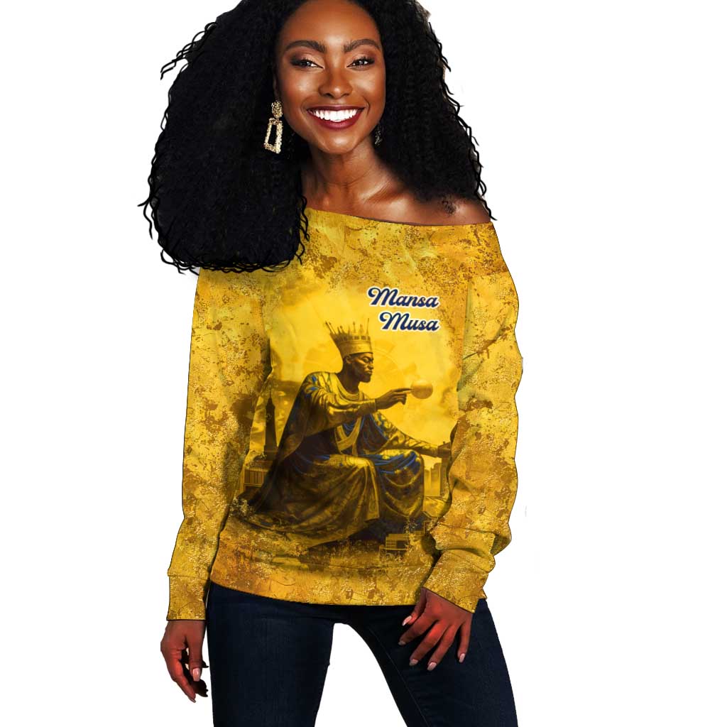 Mansa Musa Off Shoulder Sweater Golden Legacy Theme Ancient Map Regal Portrait of Mali Emperor Timbuktu - Wonder Print Shop