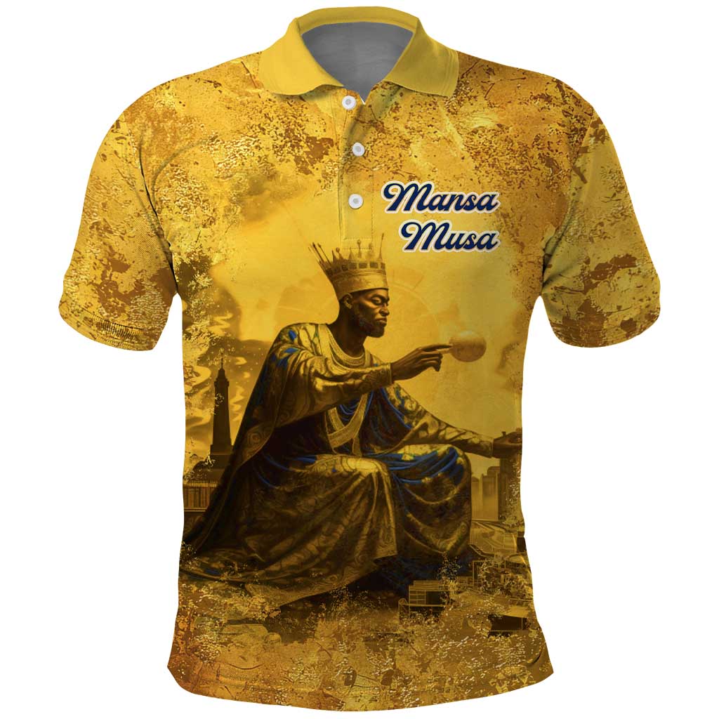 Mansa Musa Polo Shirt Golden Legacy Theme Ancient Map Regal Portrait of Mali Emperor Timbuktu - Wonder Print Shop