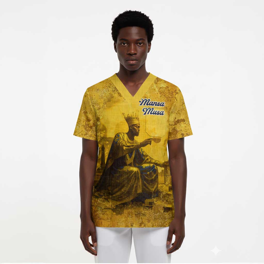 Mansa Musa Scrub Top Golden Legacy Theme Ancient Map Regal Portrait of Mali Emperor Timbuktu - Wonder Print Shop