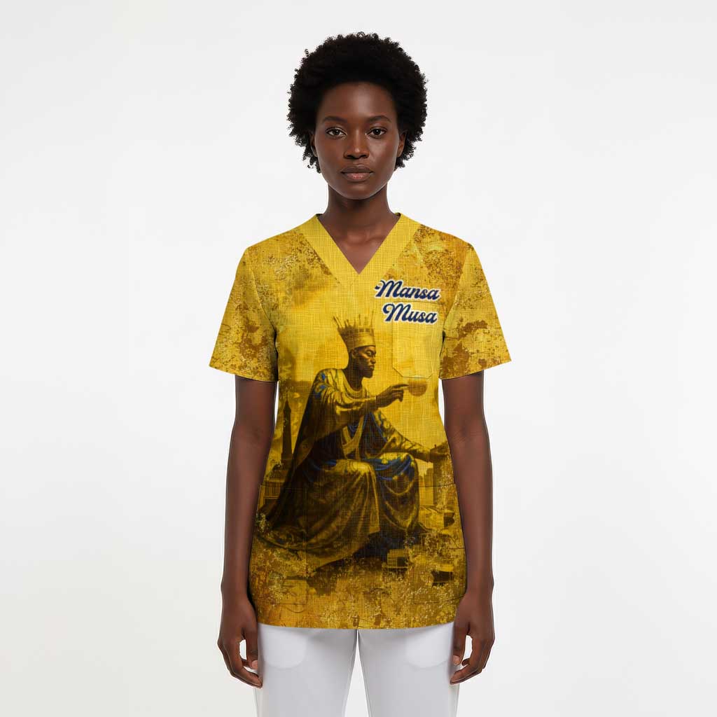 Mansa Musa Scrub Top Golden Legacy Theme Ancient Map Regal Portrait of Mali Emperor Timbuktu - Wonder Print Shop