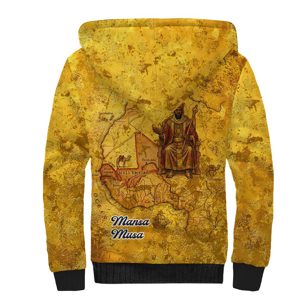 Mansa Musa Sherpa Hoodie Golden Legacy Theme Ancient Map Regal Portrait of Mali Emperor Timbuktu - Wonder Print Shop