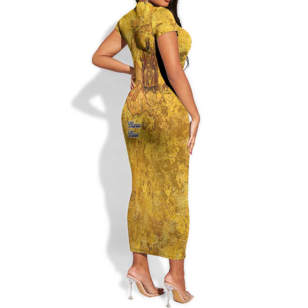 Mansa Musa Short Sleeve Bodycon Dress Golden Legacy Theme Ancient Map Regal Portrait of Mali Emperor Timbuktu - Wonder Print Shop