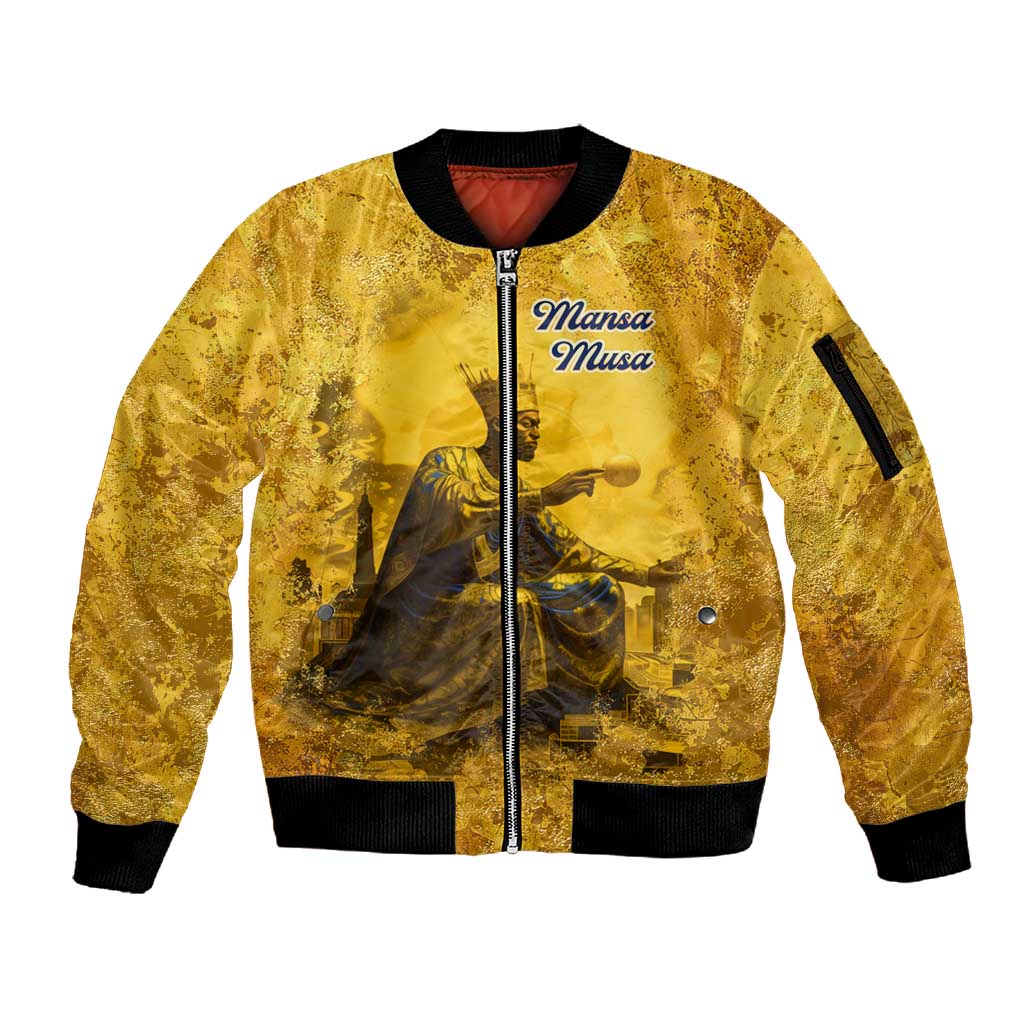 Mansa Musa Sleeve Zip Bomber Jacket Golden Legacy Theme Ancient Map Regal Portrait of Mali Emperor Timbuktu - Wonder Print Shop