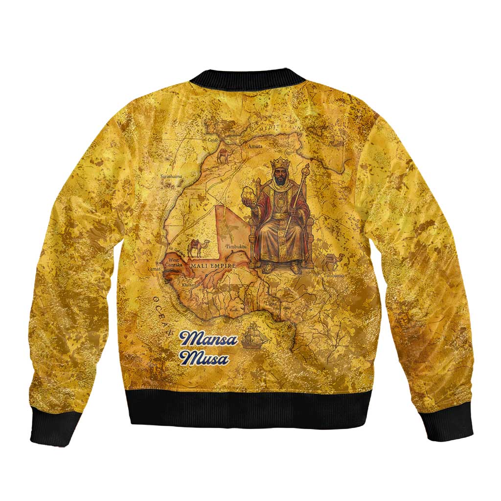 Mansa Musa Sleeve Zip Bomber Jacket Golden Legacy Theme Ancient Map Regal Portrait of Mali Emperor Timbuktu - Wonder Print Shop