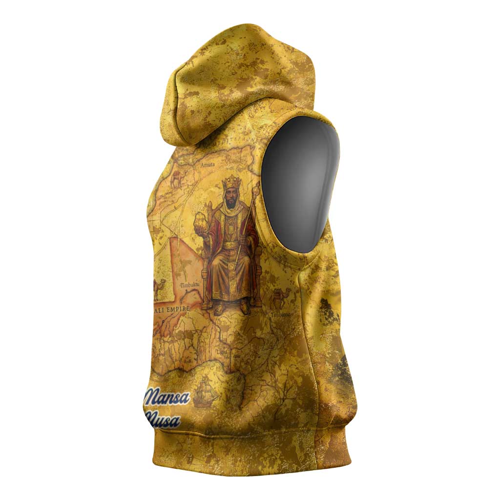 Mansa Musa Sleeveless Hoodie Golden Legacy Theme Ancient Map Regal Portrait of Mali Emperor Timbuktu - Wonder Print Shop