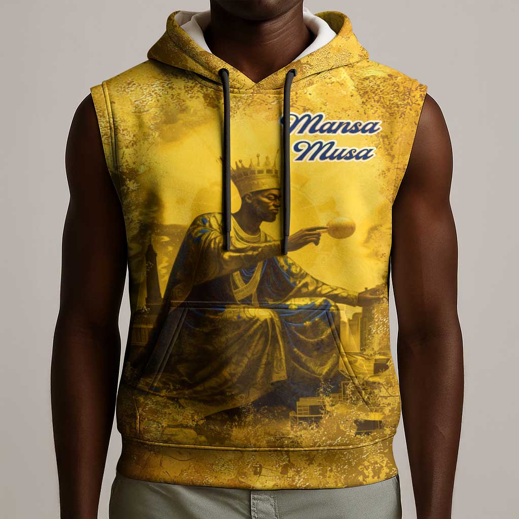 Mansa Musa Sleeveless Hoodie Golden Legacy Theme Ancient Map Regal Portrait of Mali Emperor Timbuktu - Wonder Print Shop