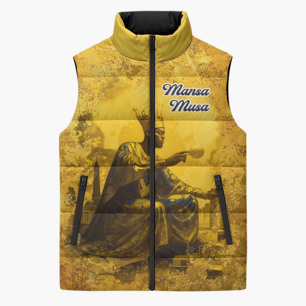 Mansa Musa Sleeveless Puffer Jacket Golden Legacy Theme Ancient Map Regal Portrait of Mali Emperor Timbuktu - Wonder Print Shop