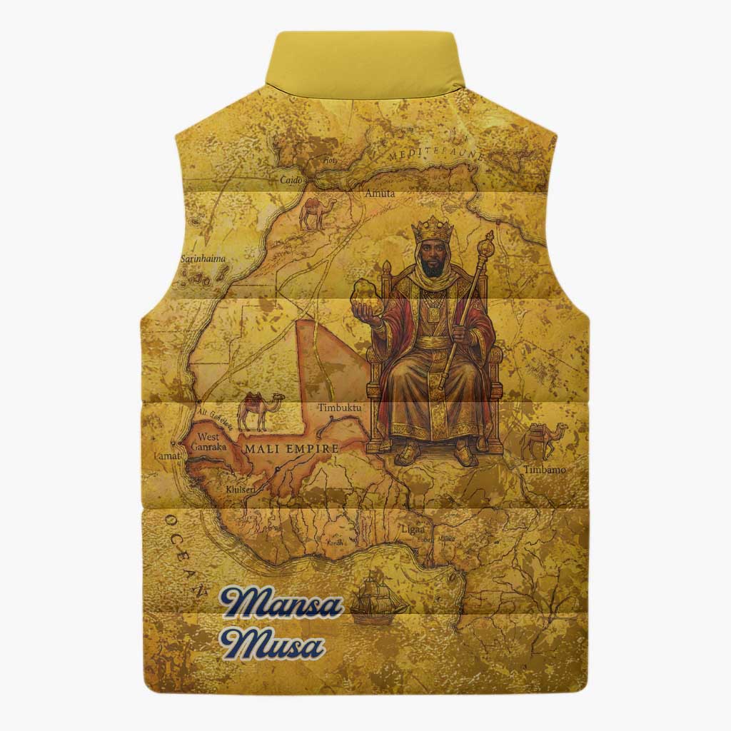 Mansa Musa Sleeveless Puffer Jacket Golden Legacy Theme Ancient Map Regal Portrait of Mali Emperor Timbuktu - Wonder Print Shop