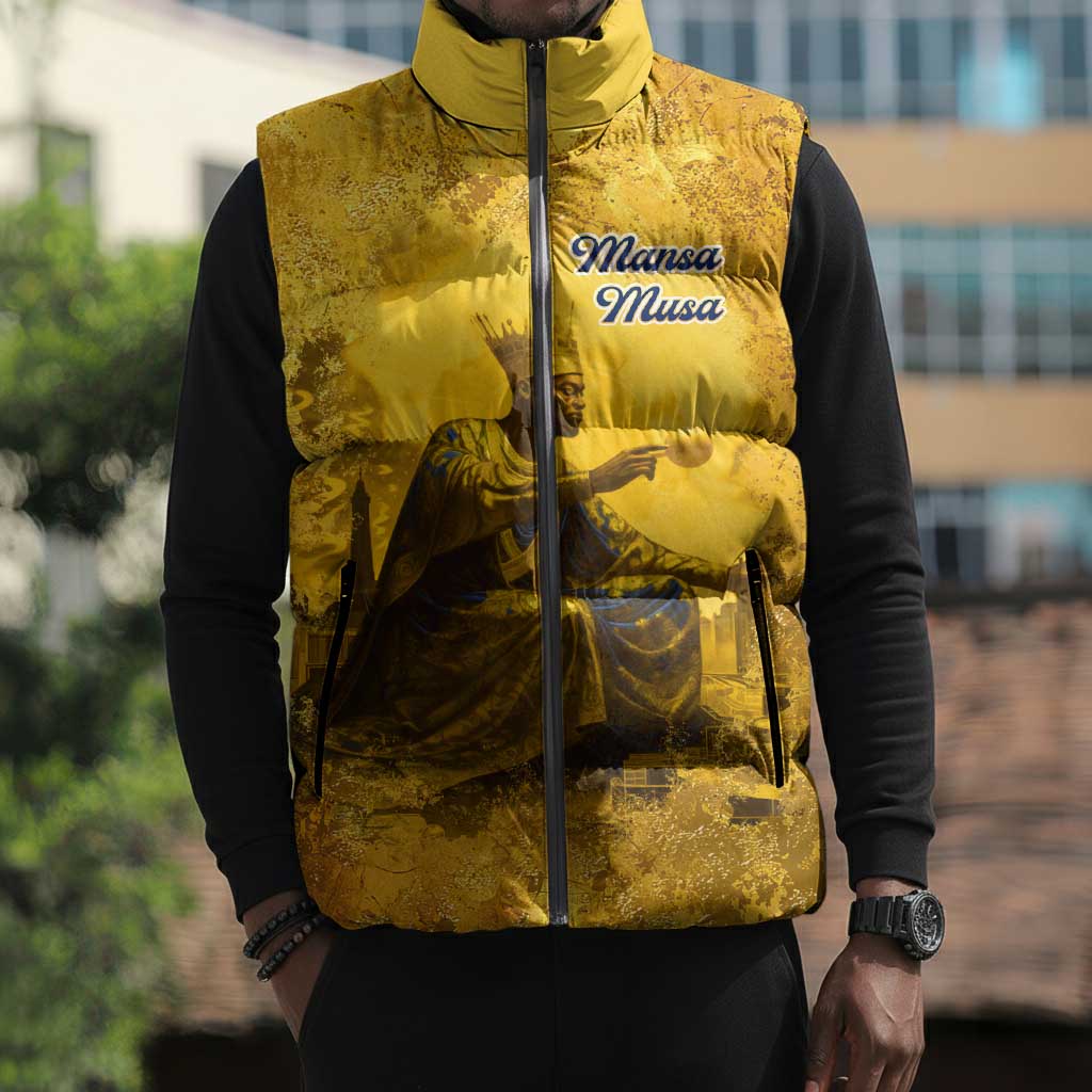 Mansa Musa Sleeveless Puffer Jacket Golden Legacy Theme Ancient Map Regal Portrait of Mali Emperor Timbuktu - Wonder Print Shop
