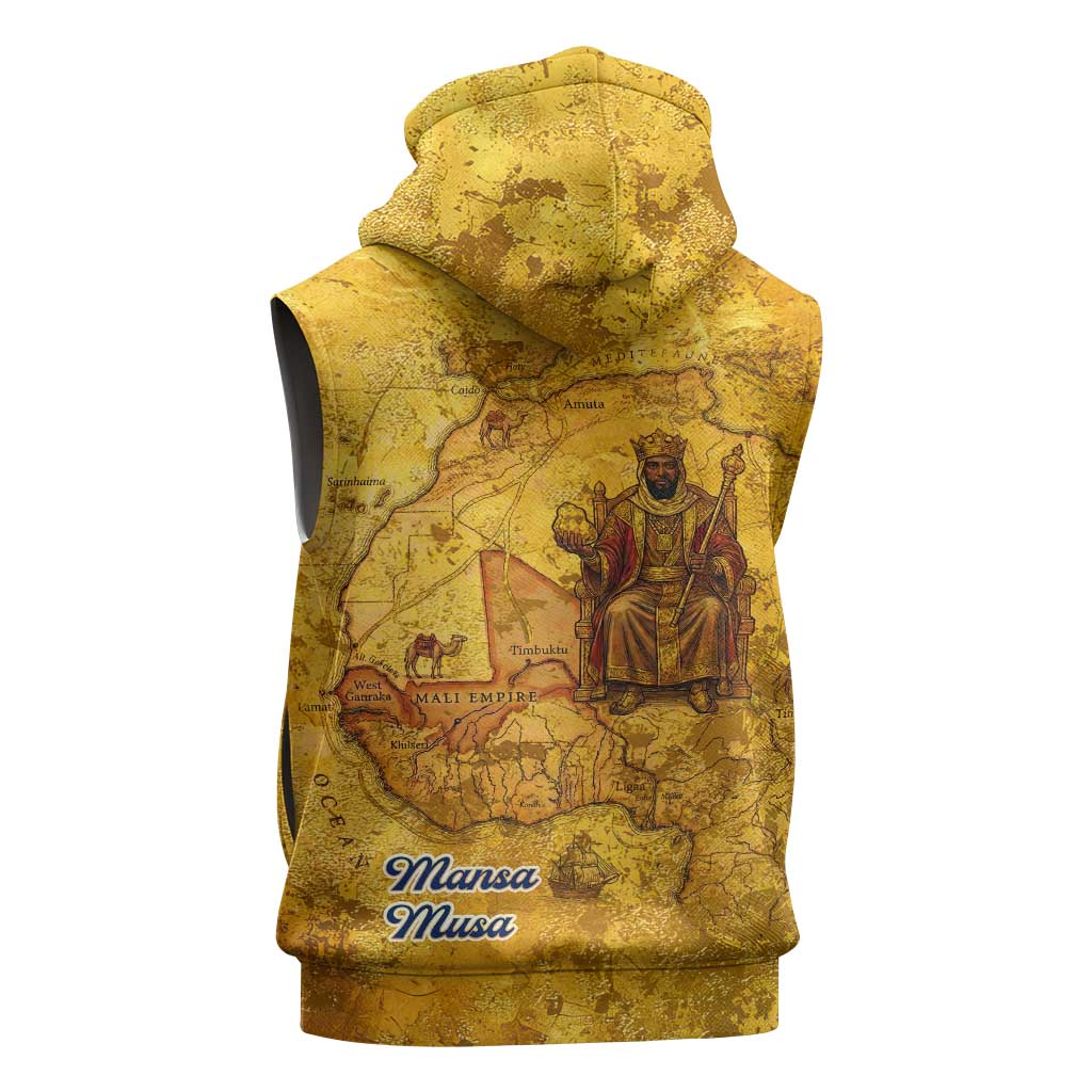 Mansa Musa Sleeveless Zip Hoodie Golden Legacy Theme Ancient Map Regal Portrait of Mali Emperor Timbuktu - Wonder Print Shop