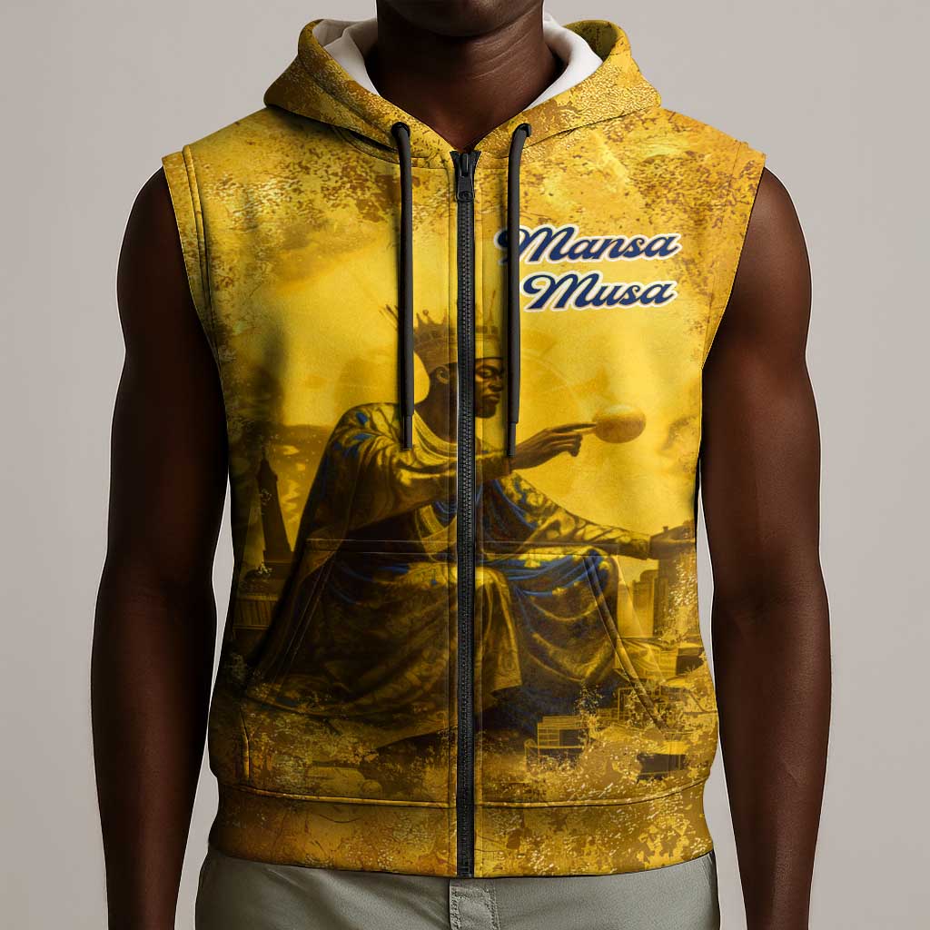 Mansa Musa Sleeveless Zip Hoodie Golden Legacy Theme Ancient Map Regal Portrait of Mali Emperor Timbuktu - Wonder Print Shop