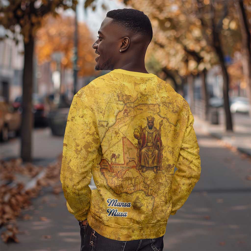 Mansa Musa Sweatshirt Golden Legacy Theme Ancient Map Regal Portrait of Mali Emperor Timbuktu - Wonder Print Shop