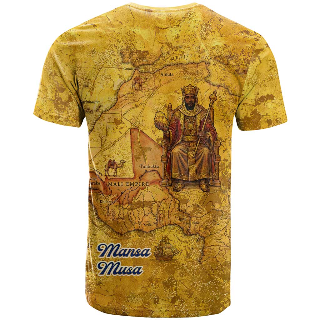 Mansa Musa T shirt Golden Legacy Theme Ancient Map Regal Portrait of Mali Emperor Timbuktu - Wonder Print Shop