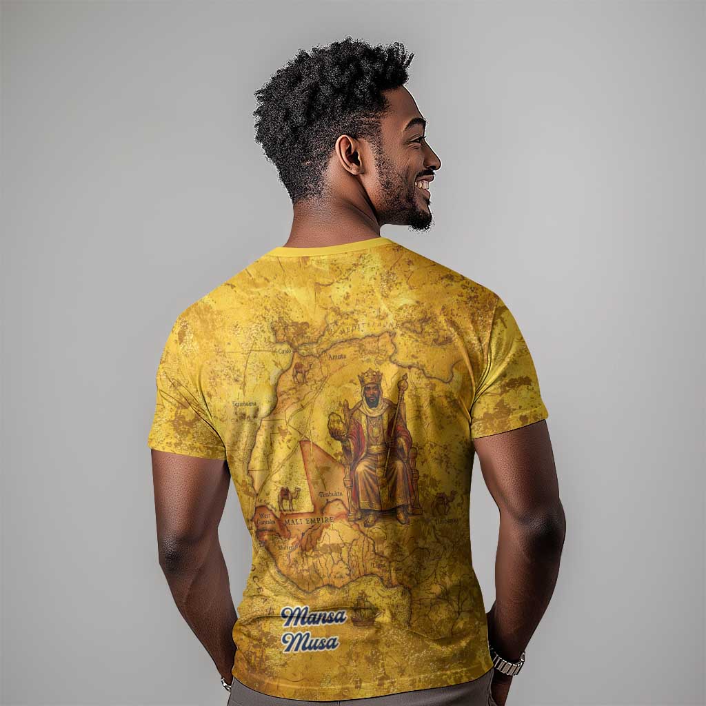Mansa Musa T shirt Golden Legacy Theme Ancient Map Regal Portrait of Mali Emperor Timbuktu - Wonder Print Shop