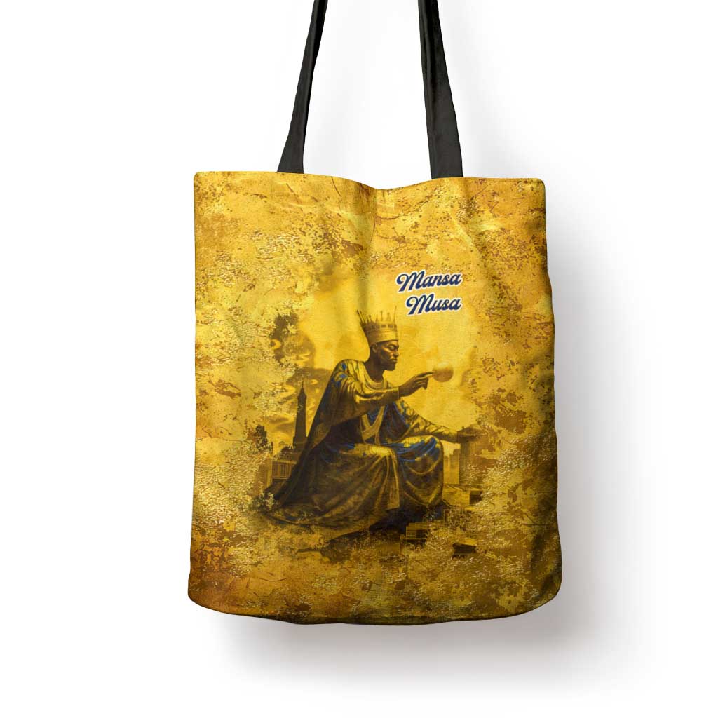 Mansa Musa Tote Bag Golden Legacy Theme Ancient Map Regal Portrait of Mali Emperor Timbuktu - Wonder Print Shop