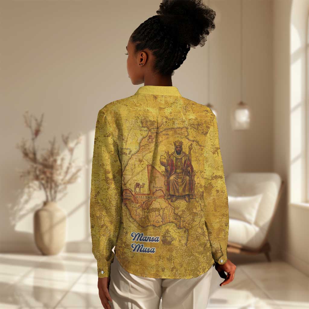 Mansa Musa Women Casual Shirt Golden Legacy Theme Ancient Map Regal Portrait of Mali Emperor Timbuktu - Wonder Print Shop