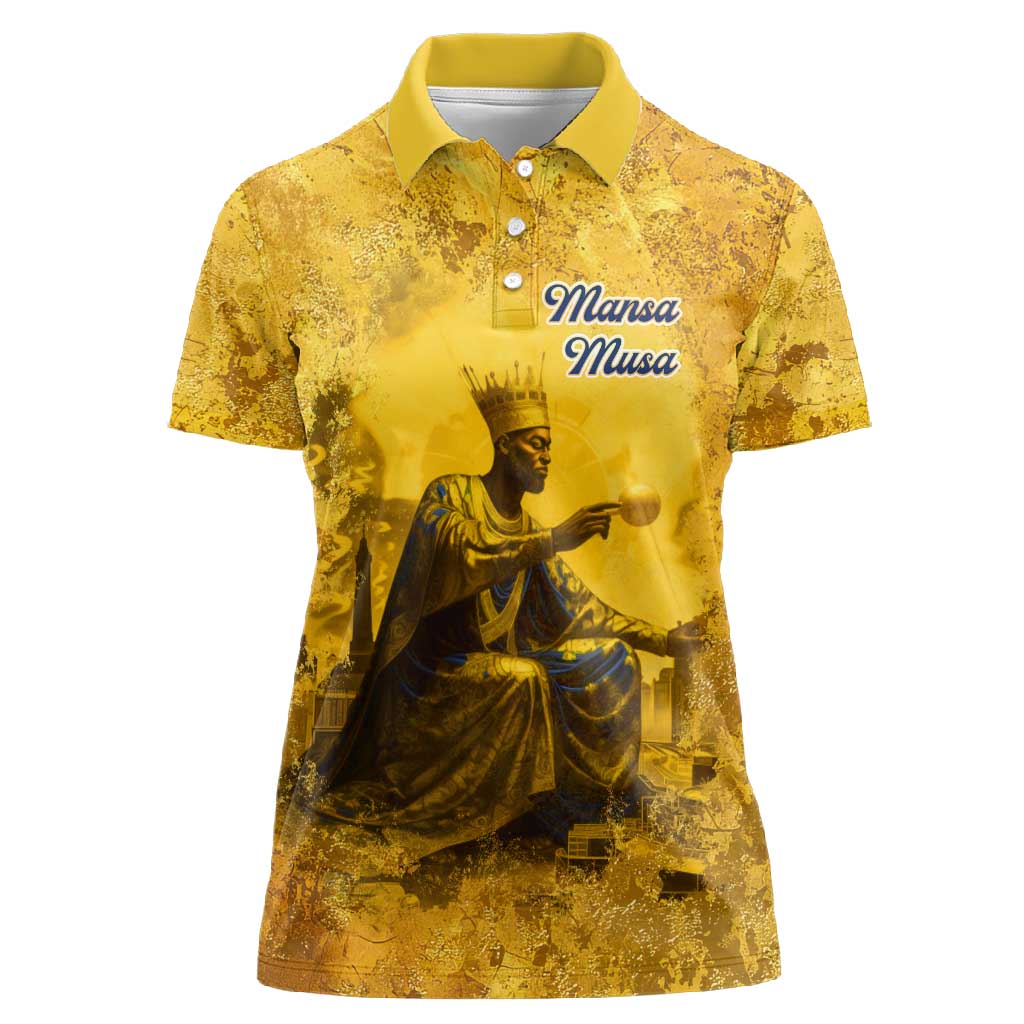 Mansa Musa Women Polo Shirt Golden Legacy Theme Ancient Map Regal Portrait of Mali Emperor Timbuktu - Wonder Print Shop