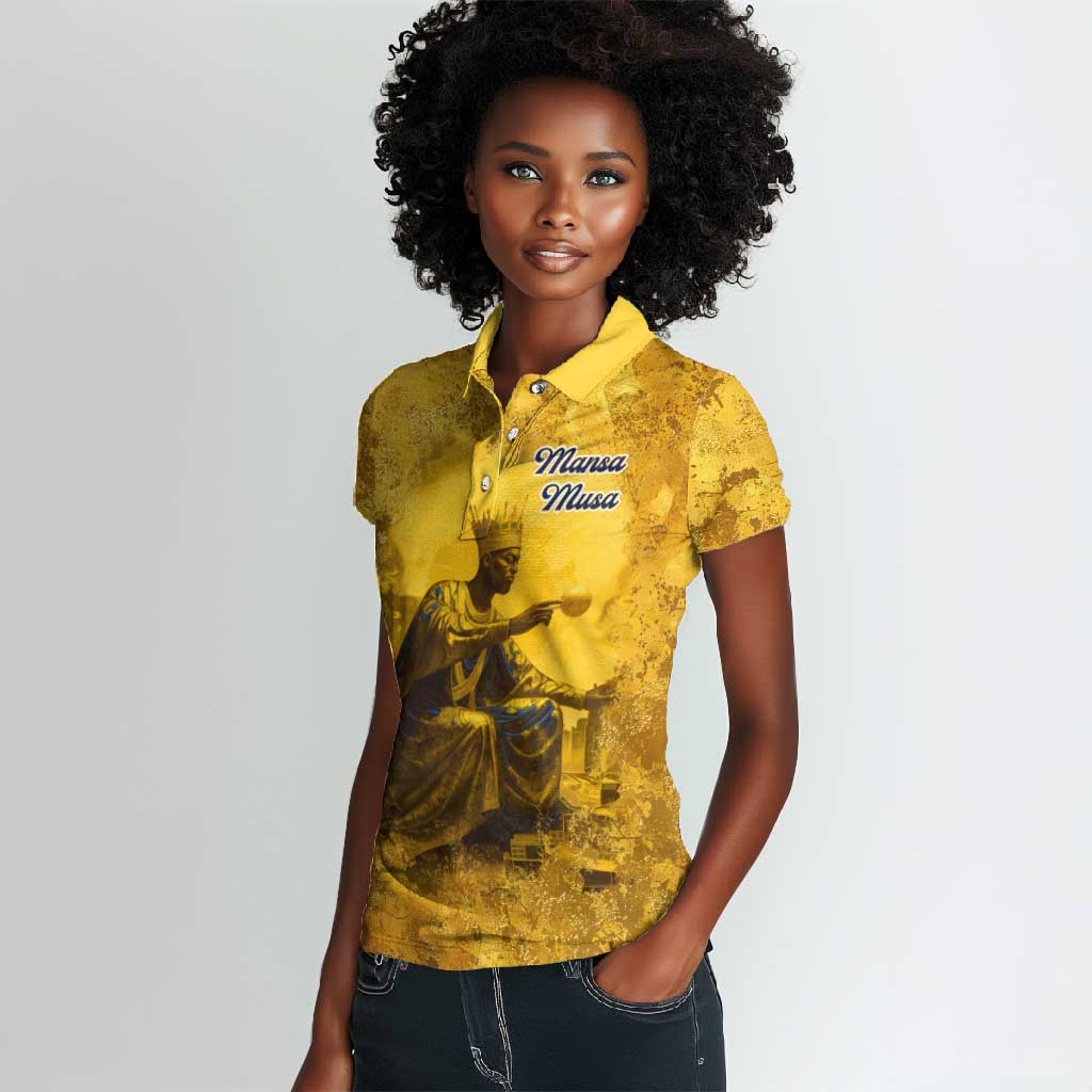 Mansa Musa Women Polo Shirt Golden Legacy Theme Ancient Map Regal Portrait of Mali Emperor Timbuktu - Wonder Print Shop