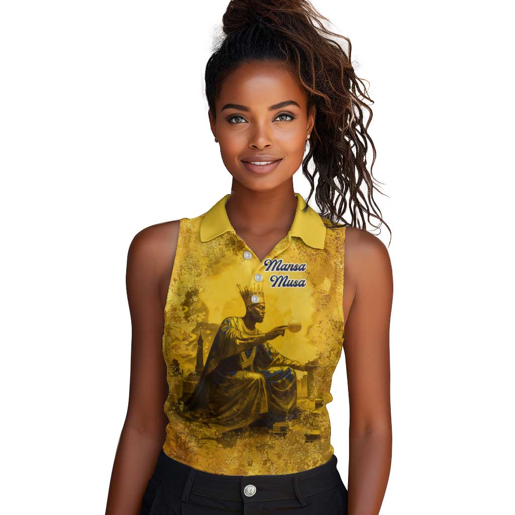 Mansa Musa Women Sleeveless Polo Shirt Golden Legacy Theme Ancient Map Regal Portrait of Mali Emperor Timbuktu - Wonder Print Shop