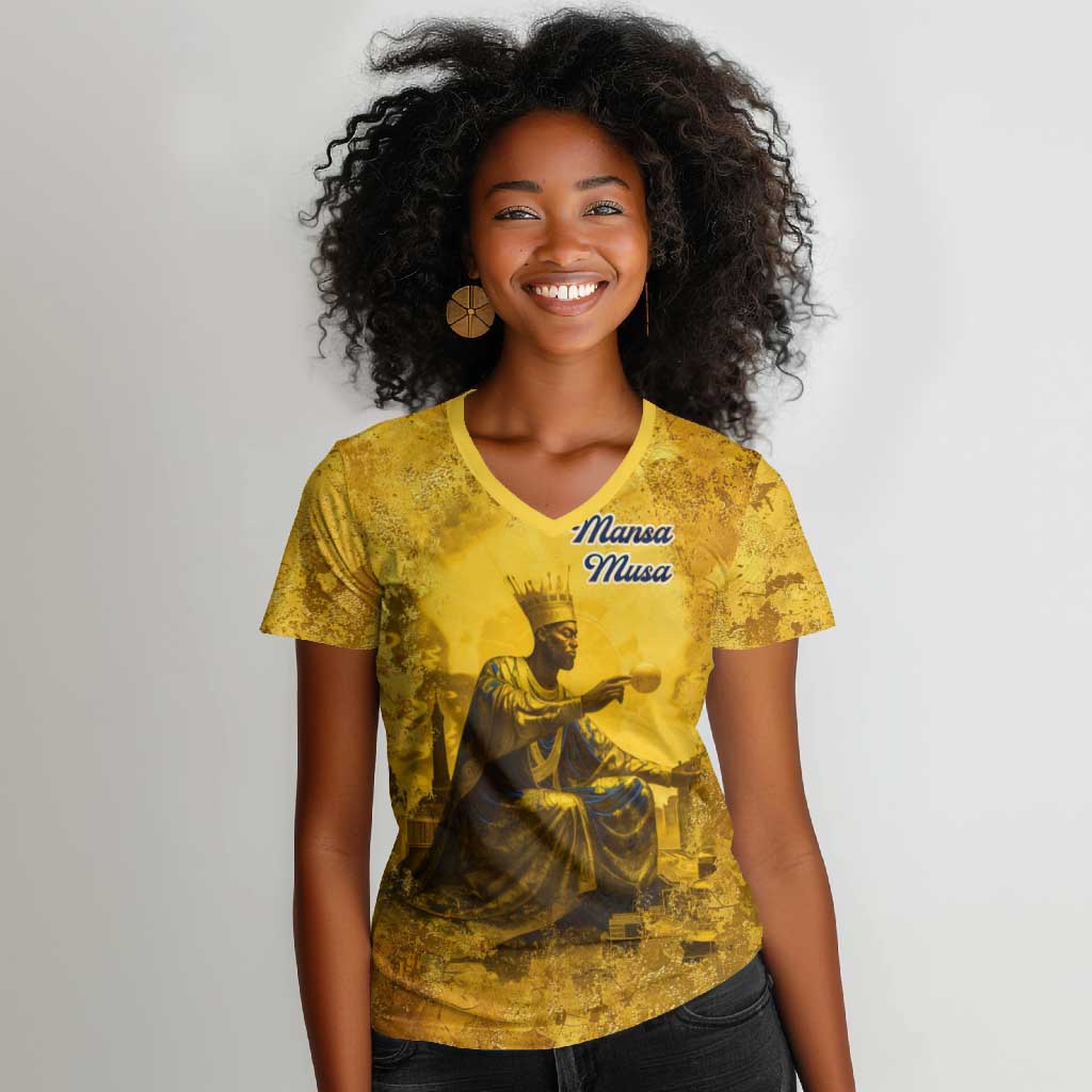 Mansa Musa Women V-Neck T-Shirt Golden Legacy Theme Ancient Map Regal Portrait of Mali Emperor Timbuktu - Wonder Print Shop