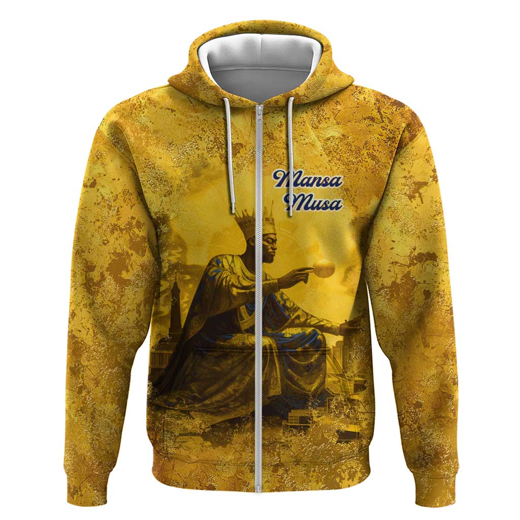 Mansa Musa Zip Hoodie Golden Legacy Theme Ancient Map Regal Portrait of Mali Emperor Timbuktu - Wonder Print Shop