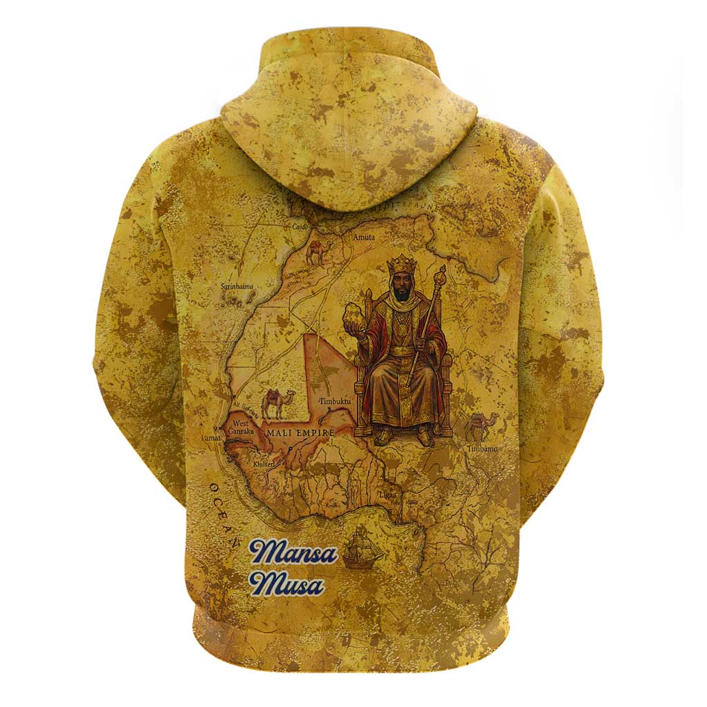 Mansa Musa Zip Hoodie Golden Legacy Theme Ancient Map Regal Portrait of Mali Emperor Timbuktu - Wonder Print Shop