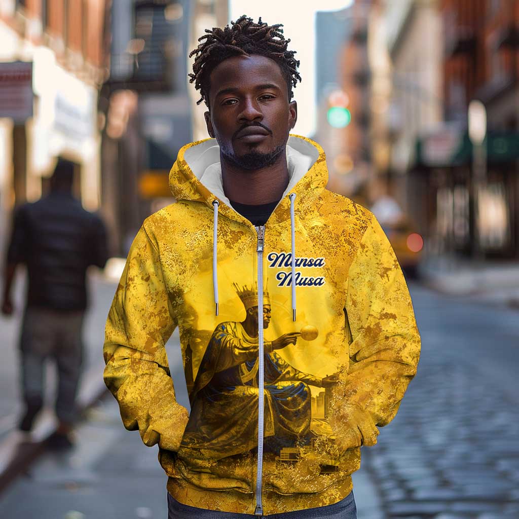 Mansa Musa Zip Hoodie Golden Legacy Theme Ancient Map Regal Portrait of Mali Emperor Timbuktu - Wonder Print Shop